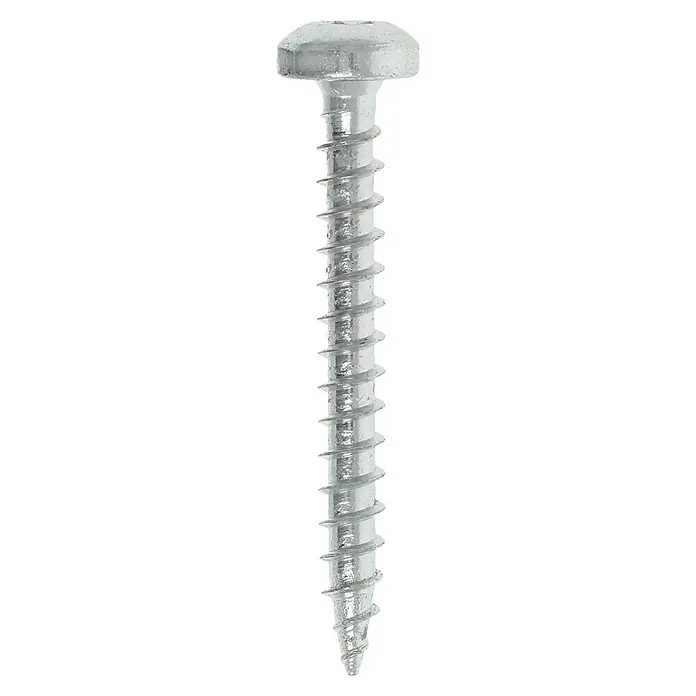 Profi Depot Spanplattenschraube VZ - 3 x 25 mm, 200 Stk., Verzinkt, TX für TORX-Antriebe - Nahaufnahme einer metallischen Holzschraube mit abgerundetem Kopf und scharfen Gewindegängen auf schwarzem Hintergrund.