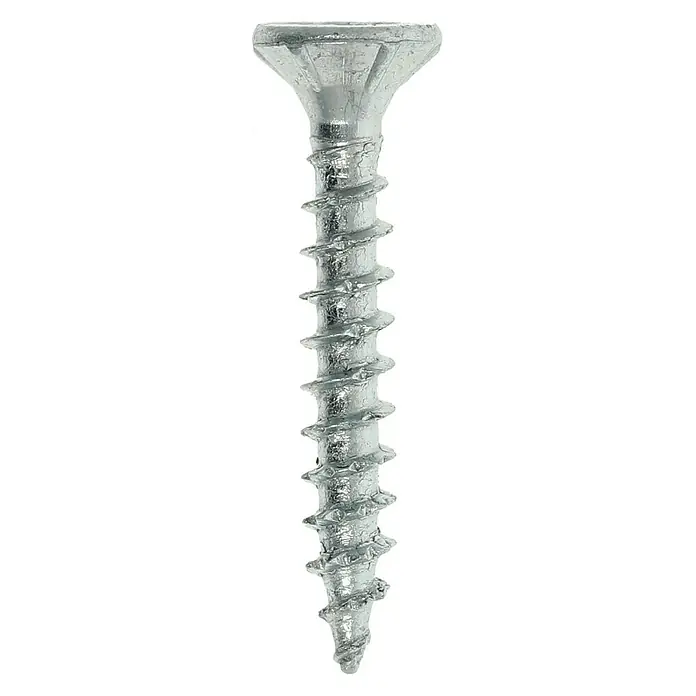 Profi Depot Tornillo para madera - Ø x L: 3 x 20 mm, 200 ud., Zincado, Ranura en forma de cruz Pozidriv - Primer plano de un solo tornillo para madera de color plateado con cabeza de tornillo y roscas afiladas. Para conexiones seguras en carpintería.