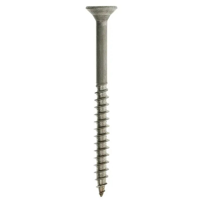 Profi Depot Spanplattenschraube A2 - Durchmesser: 5 mm, Länge: 60 mm, Edelstahl, TX für TORX-Antriebe, Teilgewinde, 100 Stk. - Nahaufnahme einer einzelnen, silberfarbenen Holzschraube mit flachem Kopf und scharfem Gewinde auf schwarzem Hintergrund.