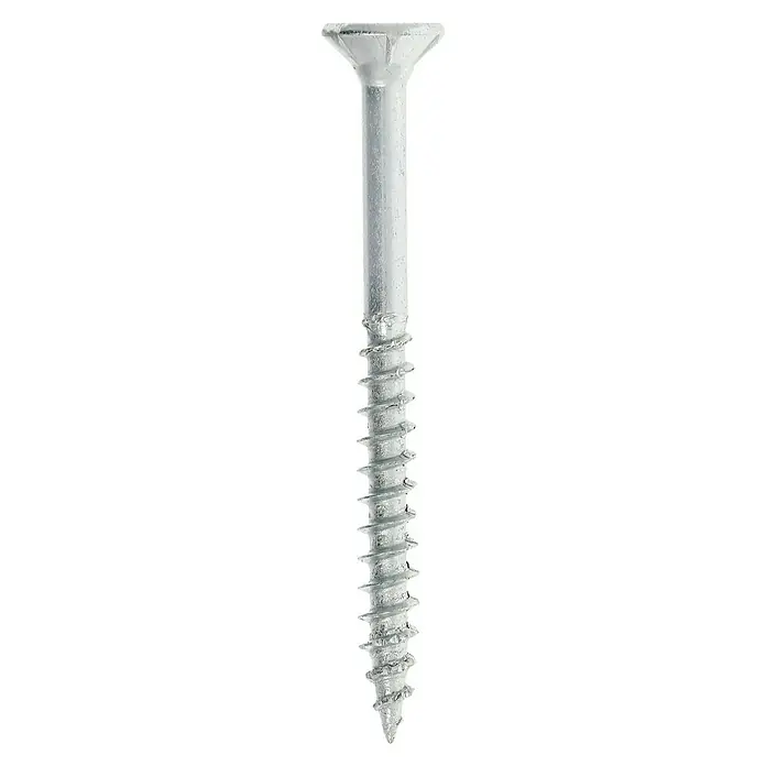 Profi Depot Tornillo para madera - Ø x L: 3,5 x 40 mm, 200 ud., Zincado, Ranura en forma de cruz Pozidriv - Primer plano de un solo tornillo para madera plateado con rosca afilada y cabeza avellanada sobre un fondo negro.
