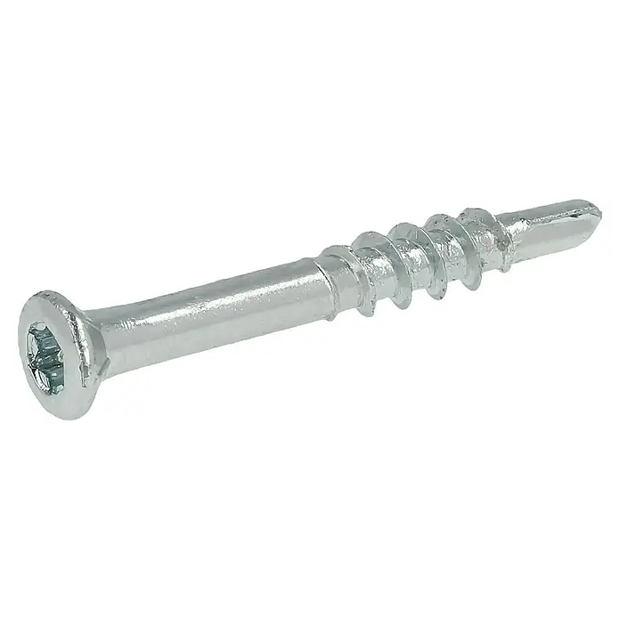 Profi Depot Dielenschraube VZ TX - Durchmesser: 3,2 mm, Länge: 25 mm, TX für TORX-Antriebe, 200 Stk. - Nahaufnahme einer verzinkten Holzschraube mit Innensechsrundkopf auf schwarzem Hintergrund. Ideal für Holzbearbeitungs- und Bauprojekte.