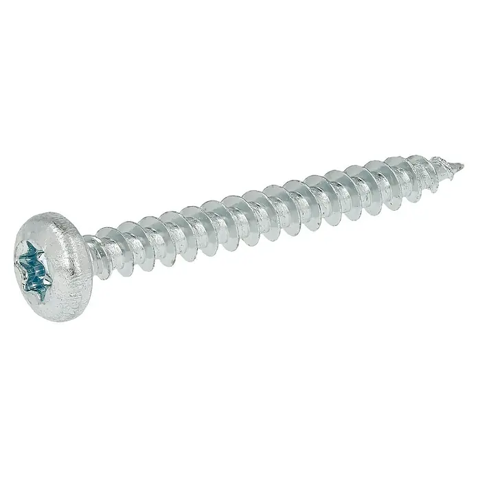 Profi Depot Spanplattenschraube VZ - 4,5 x 40 mm, 200 Stk., Verzinkt, TX für TORX-Antriebe - Nahaufnahme einer einzelnen, silberfarbenen Holzschraube mit Torx-Antrieb und abgerundetem Kopf vor schwarzem Hintergrund.