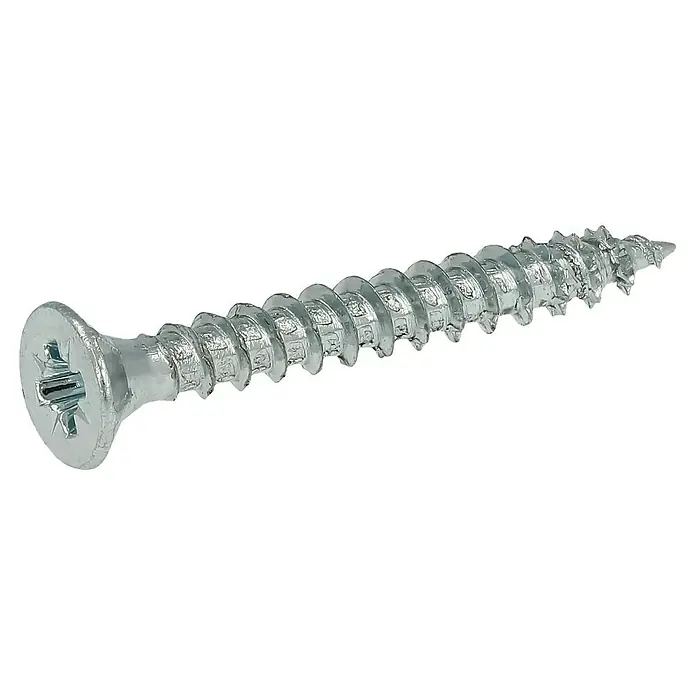 Profi Depot Tornillo para madera - Ø x L: 3 x 25 mm, 1.000 ud., Zincado, Ranura en forma de cruz Pozidriv - Primer plano de un tornillo para madera zincado con cabeza Phillips sobre un fondo negro. Ideal para unir madera.