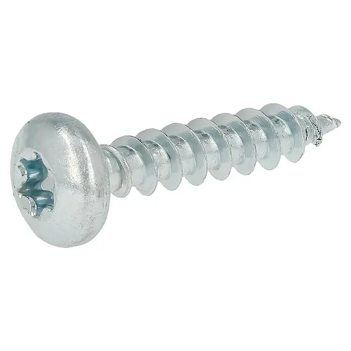Profi Depot Spanplattenschraube VZ - 5 x 25 mm, 200 Stk., Verzinkt, TX für TORX-Antriebe - Nahaufnahme einer silbernen Torx-Schraube mit Linsenkopf auf schwarzem Hintergrund, die Details und Bauweise hervorhebt.