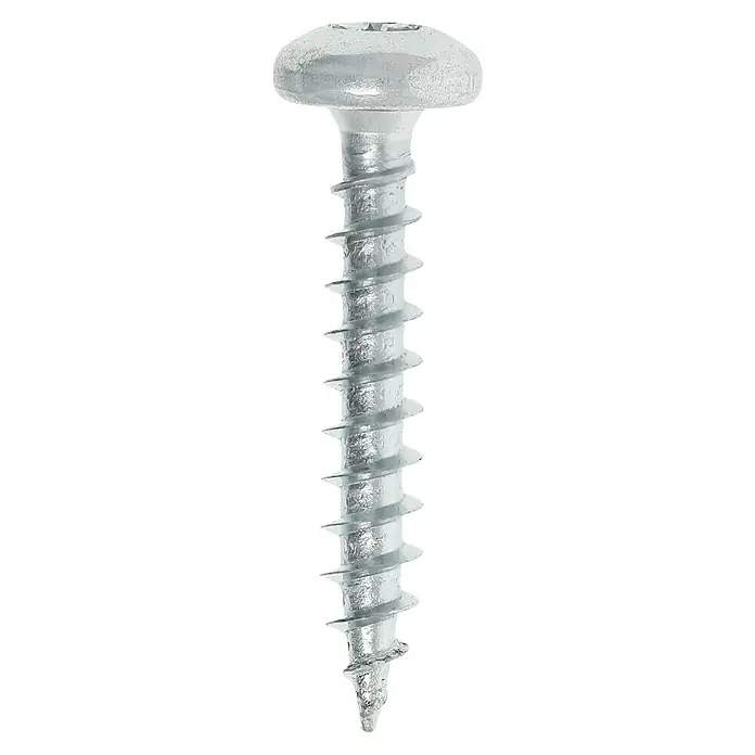 Profi Depot Spanplattenschraube VZ - 5 x 30 mm, 200 Stk., Verzinkt, TX für TORX-Antriebe - Nahaufnahme einer einzelnen silberfarbenen Schraube mit flachem Kopf und scharfen Gewinden vor einem schwarzen Hintergrund.