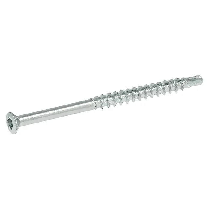 Profi Depot Dielenschraube VZ TX - Durchmesser: 3,2 mm, Länge: 50 mm, TX für TORX-Antriebe, 200 Stk. - Nahaufnahme einer silbernen Schraube mit einem torx-förmigen Kopf und einem spiralförmigen Gewinde. Ideal für sichere Verbindungen.
