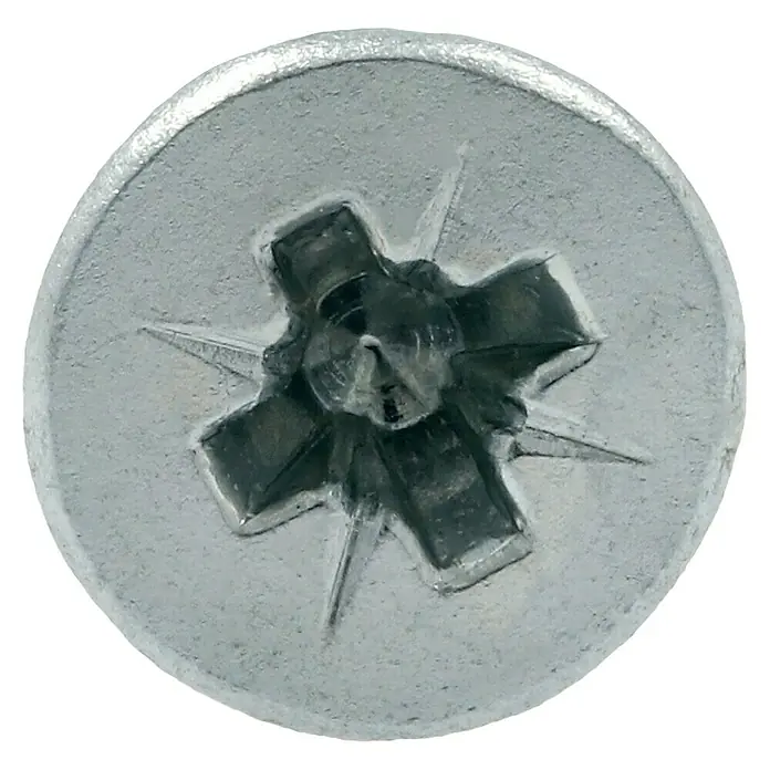 Profi Depot Tornillo para madera - Ø x L: 3 x 25 mm, 200 ud., Zincado, Ranura en forma de cruz Pozidriv - Primer plano de una cabeza de tornillo avellanada plateada con huella Torx.