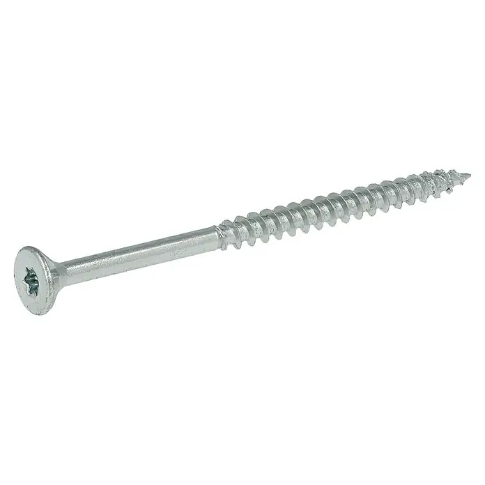 Profi Depot Spanplattenschraube VZ - Ø x L: 4 x 60 mm, 500 Stk., Verzinkt - Nahaufnahme einer silbernen Holzschraube mit Senkkopf und Torx-Antrieb auf schwarzem Hintergrund.