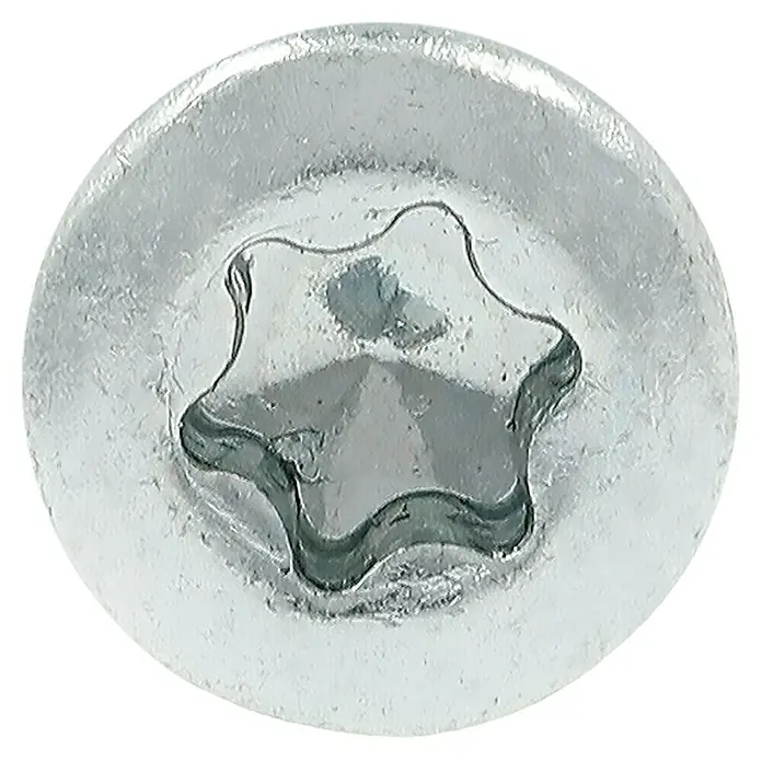 Profi Depot Dielenschraube VZ TX - Durchmesser: 3,2 mm, Länge: 60 mm, TX für TORX-Antriebe, 200 Stk. - Nahaufnahme eines Torx-Schraubenkopfes. Das silberne Bauelement ist auf einem schwarzen Hintergrund kreisförmig dargestellt.
