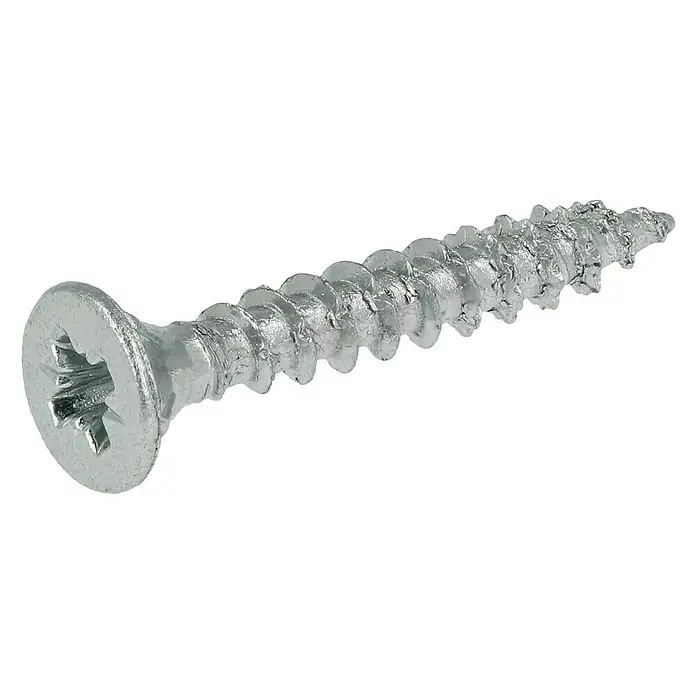 Profi Depot Tornillo para madera - Ø x L: 3 x 20 mm, 200 ud., Zincado, Ranura en forma de cruz Pozidriv - Primer plano de un solo tornillo de cabeza Phillips plateado, que destaca el cabezal y la rosca del tornillo.