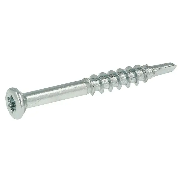 Profi Depot Dielenschraube VZ TX - Durchmesser: 3,2 mm, Länge: 30 mm, TX für TORX-Antriebe, 200 Stk. - Nahaufnahme einer verzinkten Holzbauschraube mit Linsenkopf und Bohrspitze vor schwarzem Hintergrund.