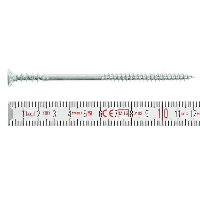 Profi Depot Justierschraube VZ - Durchmesser: 6 mm, Länge: 120 mm, TX für TORX-Antriebe, 100 Stk. - Schraube liegt auf einem Messstab und misst ca. 10 cm. Die Schraube hat einen flachen Kopf und ein grobes Gewinde.