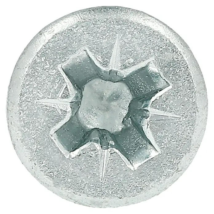 Profi Depot Tornillo para madera - Ø x L: 4 x 25 mm, 200 ud., Zincado, Ranura en forma de cruz Pozidriv - Primer plano de un tornillo de cabeza alomada con accionamiento Torx.