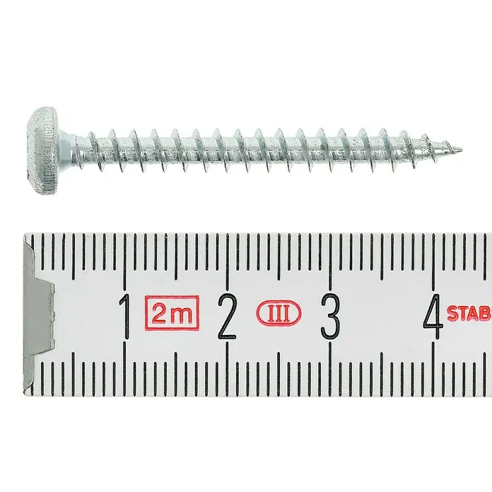 Profi Depot Spanplattenschraube VZ - 4,5 x 40 mm, 200 Stk., Verzinkt, TX für TORX-Antriebe - Schraube mit metrischem Gewinde, gemessen mit einem Lineal. Die Schraube ist etwa 4 cm lang.