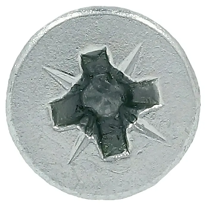 Profi Depot Tornillo para madera - Ø x L: 3 x 30 mm, 200 ud., Zincado, Ranura en forma de cruz Pozidriv - Primer plano de un tornillo de cabeza Phillips, mostrando el detalle y la textura del metal.