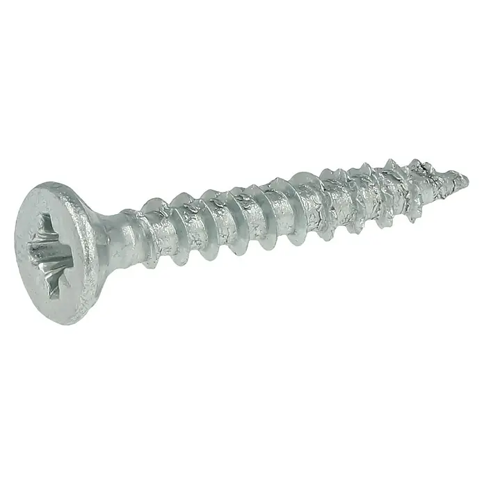 Profi Depot Tornillo para madera - Ø x L: 3 x 20 mm, 1.000 ud., Zincado, Ranura en forma de cruz Pozidriv - Detalle de un tornillo de madera plateado con cabeza Phillips sobre un fondo negro. La rosca del tornillo se ve claramente.