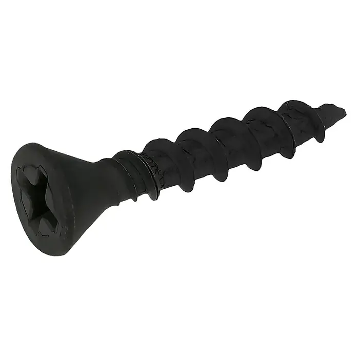 Profi Depot Schnellbauschraube - Durchmesser: 3,9 mm, Länge: 25 mm, Senkkopf, Grobgewinde, 1.000 Stk. - Nahaufnahme einer schwarzen Trockenbauschraube, die Details des Schraubenkopfes und des Gewindes zeigt. Ideal für Bau- und Heimwerkerprojekte.