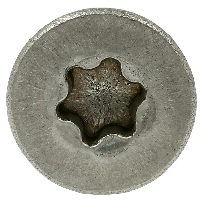 Profi Depot Spanplattenschraube A2 - Durchmesser: 5 mm, Länge: 70 mm, Edelstahl, TX für TORX-Antriebe, Teilgewinde, 100 Stk. - Nahaufnahme eines Torx-Schraubenkopfes mit sternförmigem Antrieb, ideal für sichere Verbindungen in verschiedenen Anwendungen.