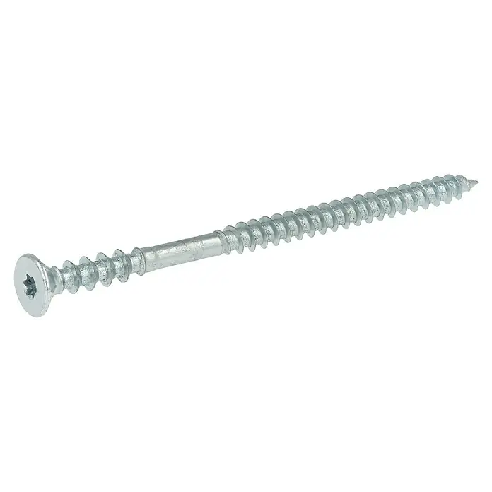 Profi Depot Justierschraube VZDurchmesser: 6 mm, Länge: 100 mm, TX für TORX-Antriebe, 100 Stk. - Nahaufnahme einer einzelnen, silberfarbenen Holzschraube mit Torx-Antrieb und scharfem Gewinde auf schwarzem Hintergrund.
