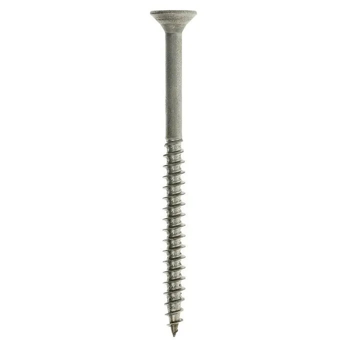 Profi Depot Spanplattenschraube A2 - Durchmesser: 5 mm, Länge: 70 mm, Edelstahl, TX für TORX-Antriebe, Teilgewinde, 100 Stk. - Nahaufnahme einer einzelnen, silberfarbenen Holzschraube mit Gewinde und Senkkopf vor schwarzem Hintergrund.