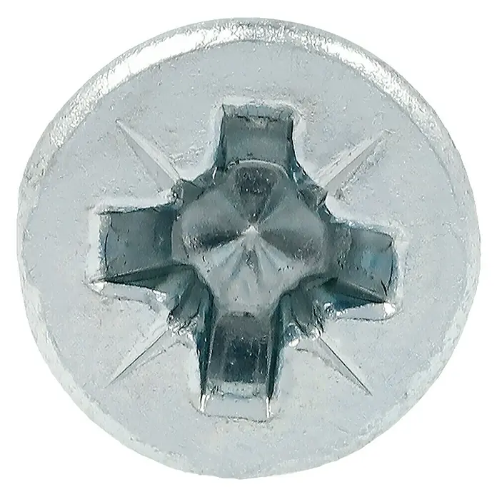 Profi Depot Tornillo para madera - Ø x L: 3,5 x 35 mm, 200 ud., Zincado, Ranura en forma de cruz Pozidriv - Primer plano de un tornillo de cabeza Phillips, mostrando los detalles y el diseño de la cabeza del sujetador.