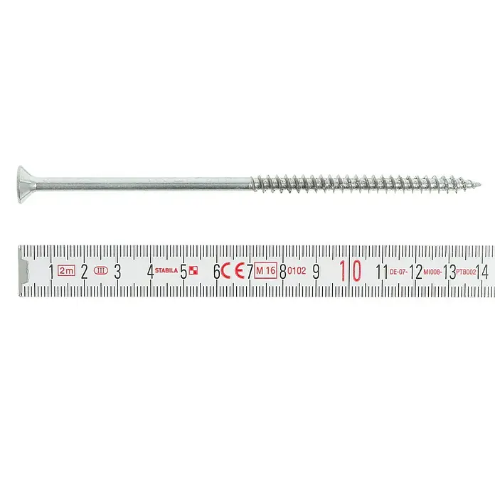 Profi Depot Spanplattenschraube VZ - Ø x L: 6 x 140 mm, 50 Stk., Verzinkt - Schraube mit Senkkopf neben einem Messlineal, das eine Länge von etwa 13 cm anzeigt.