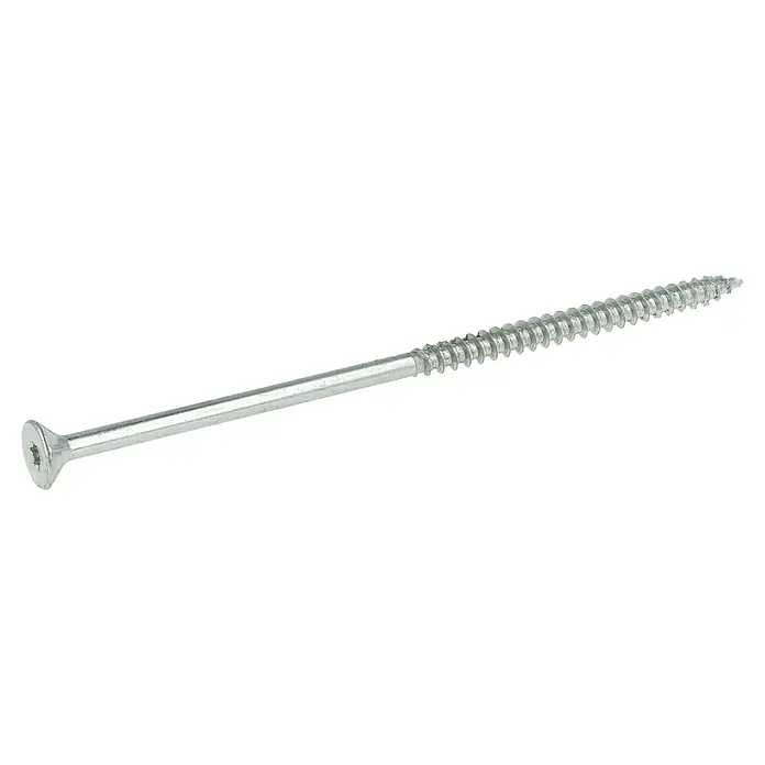 Profi Depot Spanplattenschraube VZ - Ø x L: 6 x 140 mm, 50 Stk., Verzinkt - Bild einer einzelnen, langen, silberfarbenen Holzschraube mit einem flachen Senkkopf und einem scharfen Gewinde für eine sichere Befestigung.