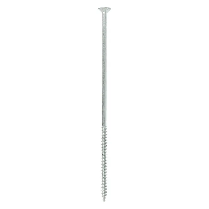 Profi Depot Spanplattenschraube VZ - Ø x L: 6 x 180 mm, 50 Stk., Verzinkt - Nahaufnahme einer einzelnen, silberfarbenen Holzschraube mit flachem Kopf und Schraubgewinde bis zur Spitze.