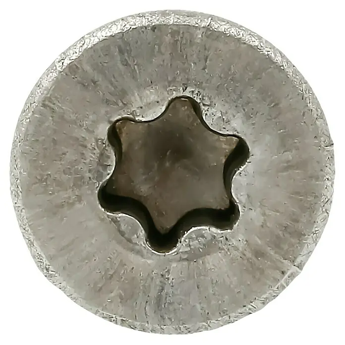 Profi Depot Spanplattenschraube A2 - Durchmesser: 5 mm, Länge: 60 mm, Edelstahl, TX für TORX-Antriebe, Teilgewinde, 100 Stk. - Nahaufnahme eines Torx-Schraubenkopfes aus Metall mit sechszackigem Innensechsrund-Antrieb.