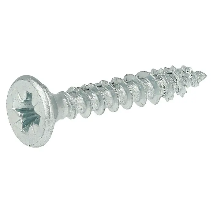 Profi Depot Tornillo para madera - Ø x L: 4 x 25 mm, 200 ud., Zincado, Ranura en forma de cruz Pozidriv - Primer plano de un tornillo de cabeza avellanada plateado con cabeza en cruz sobre fondo negro.