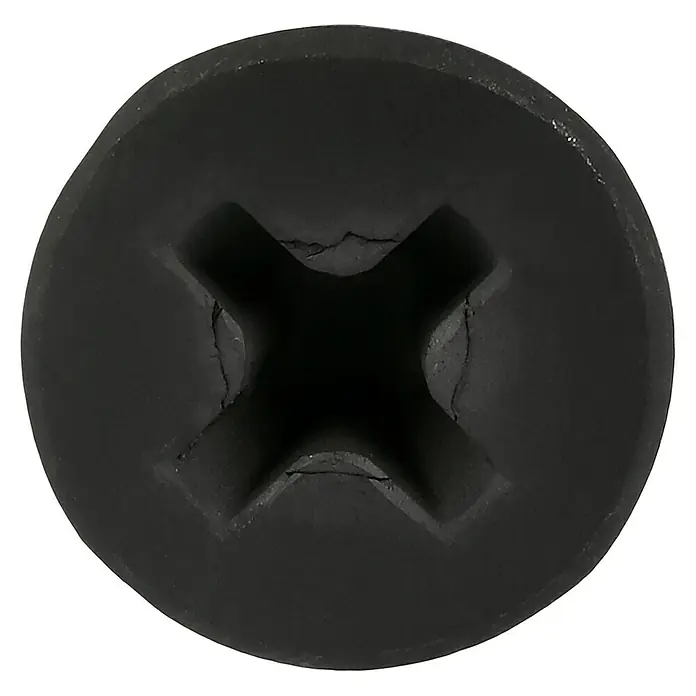 Profi Depot SchnellbauschraubeDurchmesser: 3,5 mm, Länge: 45 mm, Senkkopf, Mit Bohrspitze, 500 Stk. - Nahaufnahme eines schwarzen Kreuzschlitzschraubenkopfes, ideal für DIY-Projekte und Reparaturen.