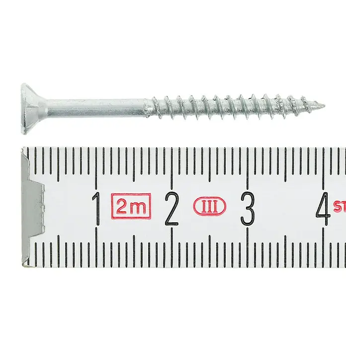 Profi Depot Tornillo para madera - Ø x L: 3,5 x 40 mm, 200 ud., Zincado, Ranura en forma de cruz Pozidriv - Primer plano de un tornillo que se mide con una regla, aproximadamente 3,7 cm.