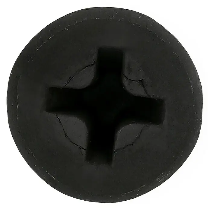 Profi Depot Schnellbauschraube - Durchmesser: 3,9 mm, Länge: 35 mm, Senkkopf, Grobgewinde, 1.000 Stk. - Nahaufnahme eines schwarzen Kreuzschlitzschraubenkopfes, der Details und Textur des Metalls zeigt. Perfekt für Heimwerker- und Bauprojekte.
