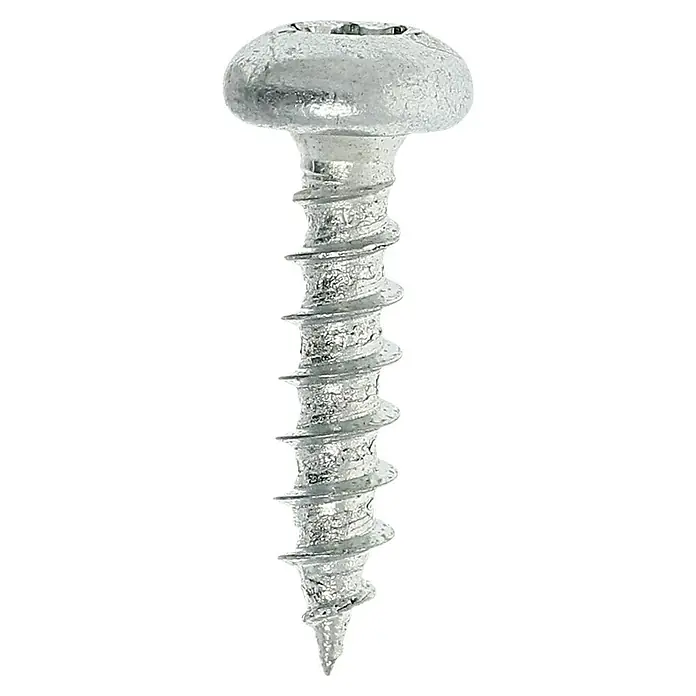 Profi Depot Spanplattenschraube VZ - 3 x 13 mm, 200 Stk., Verzinkt, TX für TORX-Antriebe - Nahaufnahme einer silbernen Holzschraube mit abgerundetem Kopf und scharfen Gewinde, isoliert auf einem schwarzen Hintergrund.