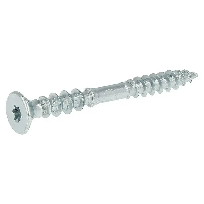 Profi Depot Justierschraube VZ - Durchmesser: 6 mm, Länge: 60 mm, TX für TORX-Antriebe, 100 Stk. - Nahaufnahme einer silberfarbenen Holzschraube mit Torx-Antrieb und scharfen Gewinde, ideal für präzise und sichere Holzverbindungen.