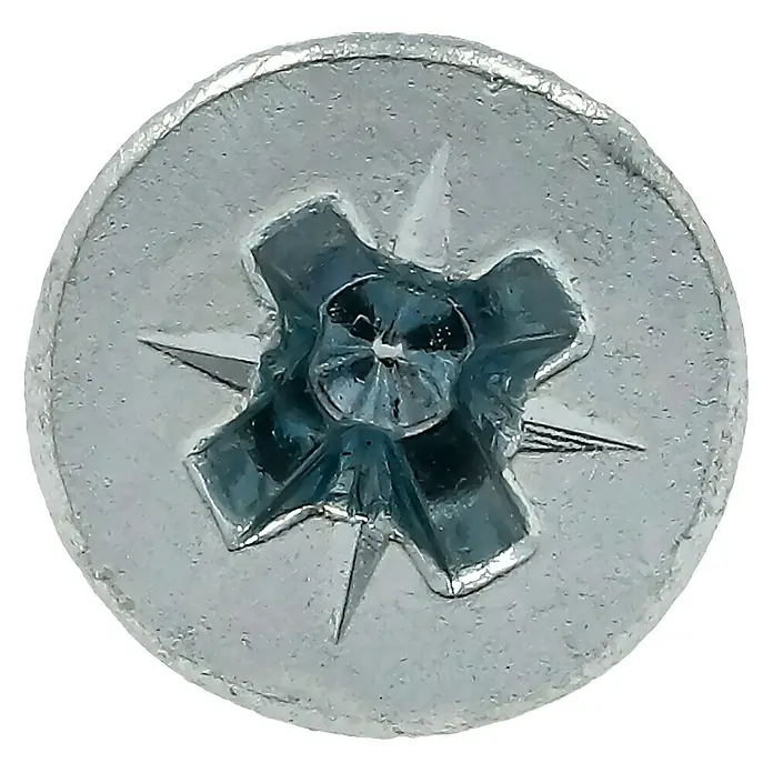 Profi Depot Tornillo para madera - Ø x L: 3 x 25 mm, 1.000 ud., Zincado, Ranura en forma de cruz Pozidriv - Primer plano de una cabeza de tornillo avellanada con ranura en cruz, ideal para superficies lisas.