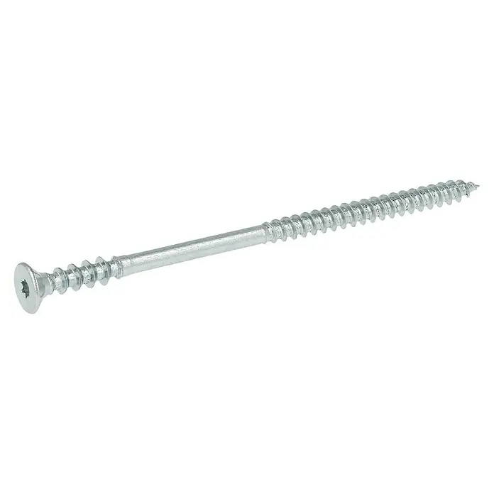 Profi Depot Justierschraube VZ - Durchmesser: 6 mm, Länge: 120 mm, TX für TORX-Antriebe, 100 Stk. - Nahaufnahme einer langen, silbernen Holzschraube mit einem flachen Senkkopf und einem Torx-Antrieb auf schwarzem Hintergrund.