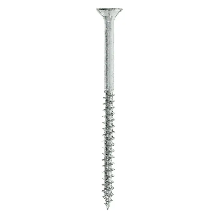 Profi Depot Spanplattenschraube VZ - Ø x L: 4 x 60 mm, 500 Stk., Verzinkt - Nahaufnahme einer einzelnen, silberfarbenen Holzschraube mit flachem Kopf und scharfen Gewindegängen.