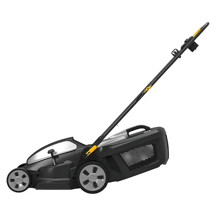 Stiga Elektro-Rasenmäher AL1 34 E - 1.200 W, Schnittbreite: 34 cm - Ein schwarzer Rasenmäher mit gelben Akzenten vor einem schwarzen Hintergrund. Er verfügt über einen Grasfangkorb und einen verstellbaren Griff.