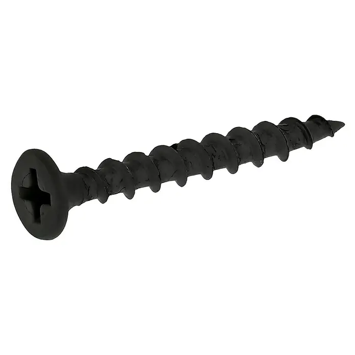 Profi Depot Schnellbauschraube - Durchmesser: 3,9 mm, Länge: 35 mm, Senkkopf, Grobgewinde, 1.000 Stk. - Nahaufnahme einer schwarzen Trockenbauschraube mit Kreuzschlitzkopf und scharfem Gewinde.