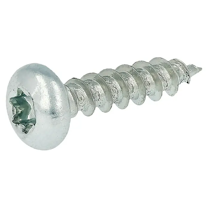 Profi Depot Spanplattenschraube VZ - 3 x 13 mm, 200 Stk., Verzinkt, TX für TORX-Antriebe - Nahaufnahme einer silbernen Linsenkopfschraube mit Torx-Antrieb vor schwarzem Hintergrund.