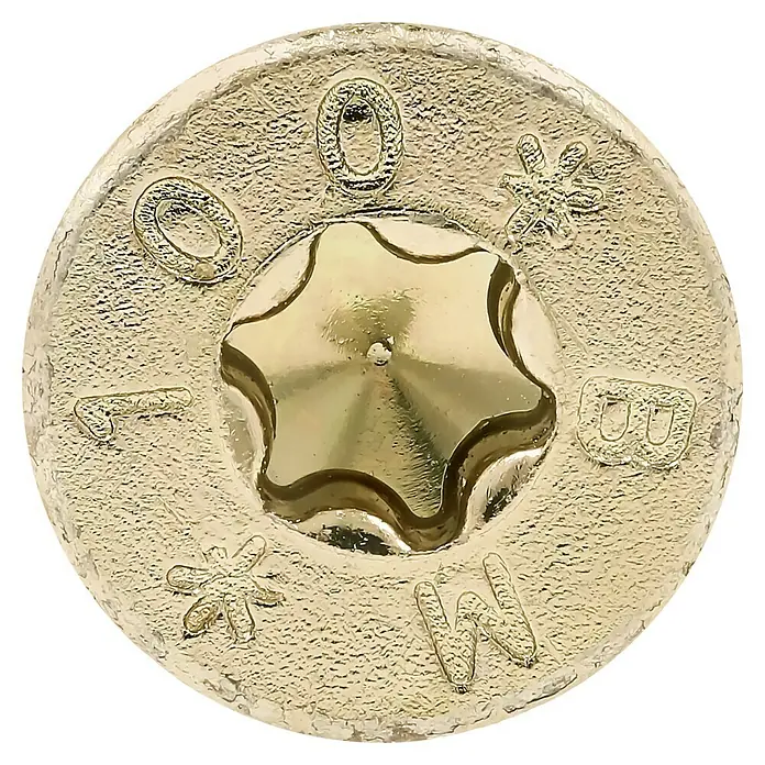 Profi Depot Tornillo para madera TX - Cabezal avellanado, TX para accionamientos TORX, 50 ud., Ø x L: 8 x 100 mm - Primer plano de un tornillo dorado con cabeza Torx y marcas en relieve en la cabeza del tornillo.