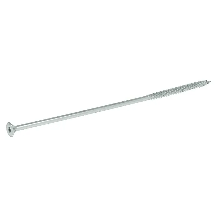 Profi Depot Spanplattenschraube VZ - Ø x L: 6 x 200 mm, 50 Stk., Verzinkt - Nahaufnahme einer einzelnen, langen Torx-Holzbauschraube in Silber, die für Holzkonstruktionen und Heimwerkerprojekte verwendet wird.