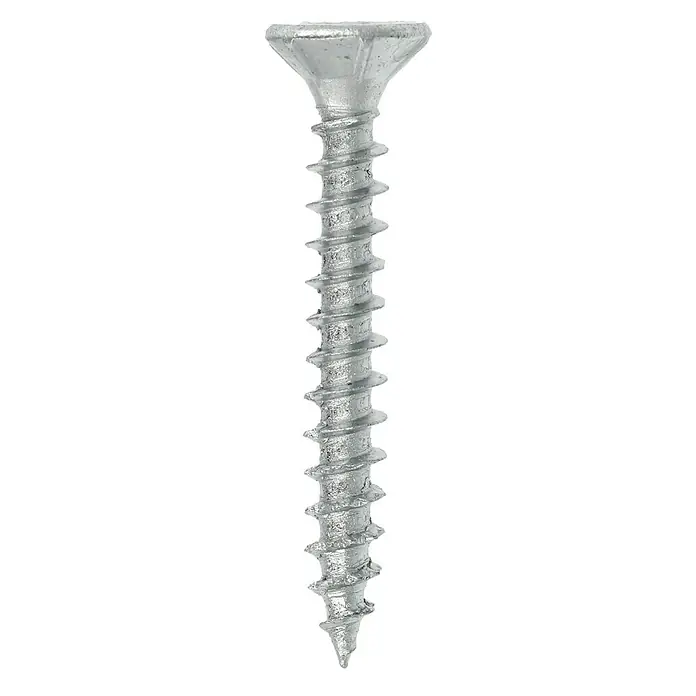 Profi Depot Spanplattenschraube VZ - Ø x L: 4,5 x 35 mm, 500 Stk., Verzinkt - Nahaufnahme einer einzelnen, silbernen Holzschraube mit scharfen Gewindegängen und einem flachen Kopf.
