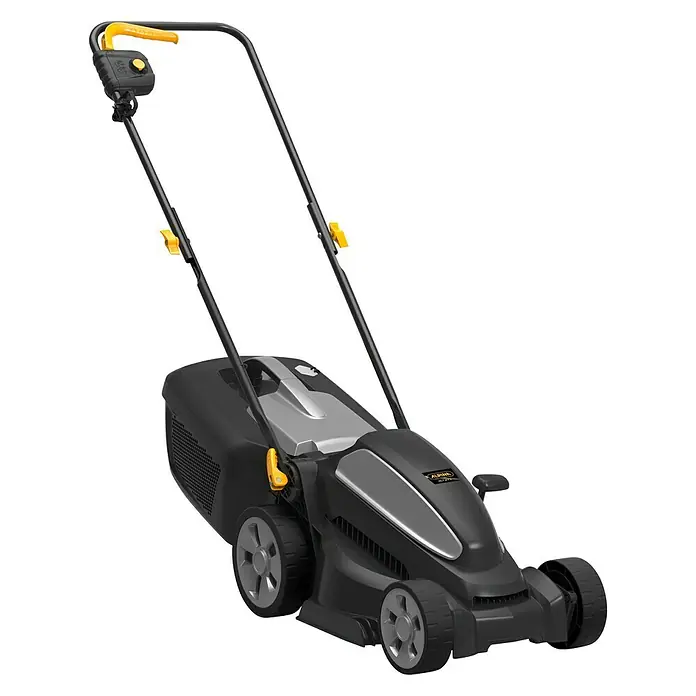 Stiga Elektro-Rasenmäher AL1 34 E - 1.200 W, Schnittbreite: 34 cm - Ein schwarzer Alpina Rasenmäher mit gelben Akzenten, perfekt für jeden Garten. Er ist kompakt und einfach zu bedienen.