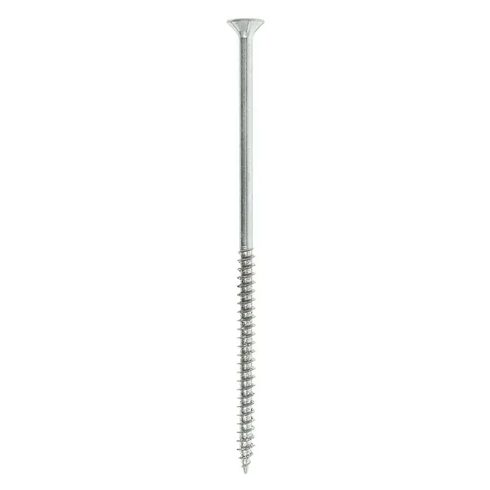 Profi Depot Spanplattenschraube VZ - Ø x L: 6 x 140 mm, 50 Stk., Verzinkt - Nahaufnahme einer glänzenden, silbernen Holzschraube mit flachem Kopf und scharfen Gewindegängen. Ideal für präzise Befestigungen.