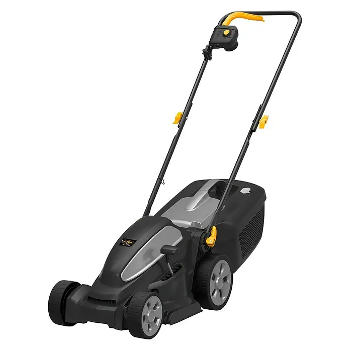 Stiga Elektro-Rasenmäher AL1 34 E - 1.200 W, Schnittbreite: 34 cm - Abgebildeter Alpina Elektro-Rasenmäher in Schwarz/Grau mit gelben Akzenten, ideal für mühelose Rasenpflege und präzise Schnitte im Garten.