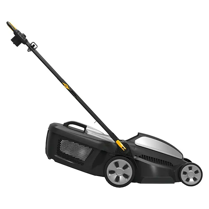 Stiga Elektro-Rasenmäher AL1 34 E - 1.200 W, Schnittbreite: 34 cm - Ein Rasenmäher mit schwarzem Gehäuse und silbernen Akzenten, der auf einem schwarzen Hintergrund abgebildet ist.