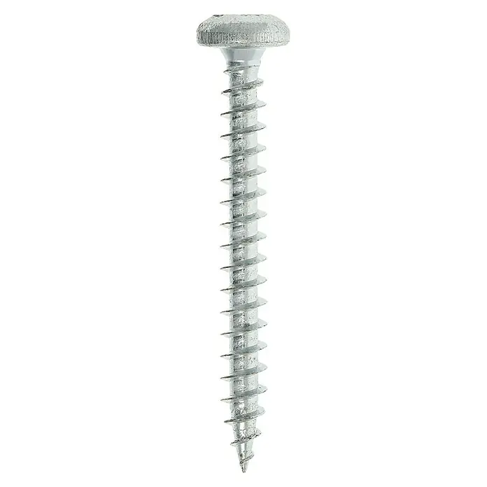 Profi Depot Spanplattenschraube VZ - 4,5 x 40 mm, 200 Stk., Verzinkt, TX für TORX-Antriebe - Nahaufnahme einer einzelnen silbernen Senkkopfschraube mit scharfem Gewinde auf schwarzem Hintergrund.