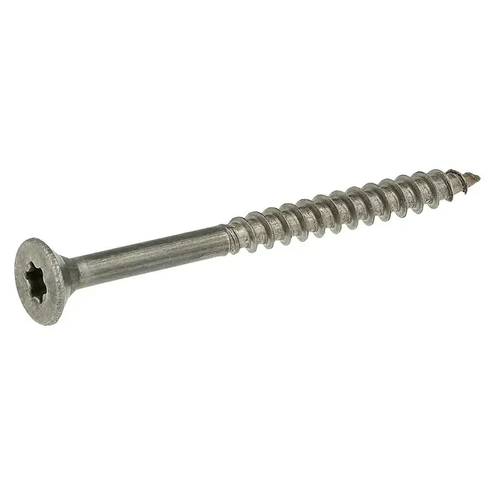 Profi Depot Spanplattenschraube A2 - Durchmesser: 5 mm, Länge: 60 mm, Edelstahl, TX für TORX-Antriebe, Teilgewinde, 100 Stk. - Nahaufnahme einer einzelnen Holzschraube mit Senkkopf und Torx-Antrieb vor schwarzem Hintergrund.